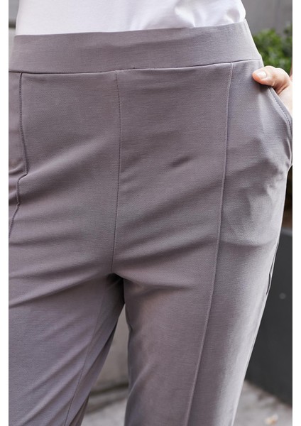 Kadın Modal Ipeksi Likralı Kumaş Yüksek Bel Önden Dikişli Cepli Dar Paça Pantolon-Antrasit indirimleri