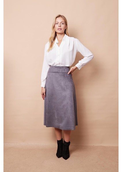 Hafif Likralı Süet Kumaş Yüksek Bel Kiloş Uzun Etek-Gri