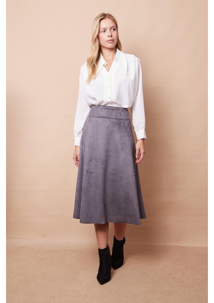 Hafif Likralı Süet Kumaş Yüksek Bel Kiloş Uzun Etek-Gri fiyatları