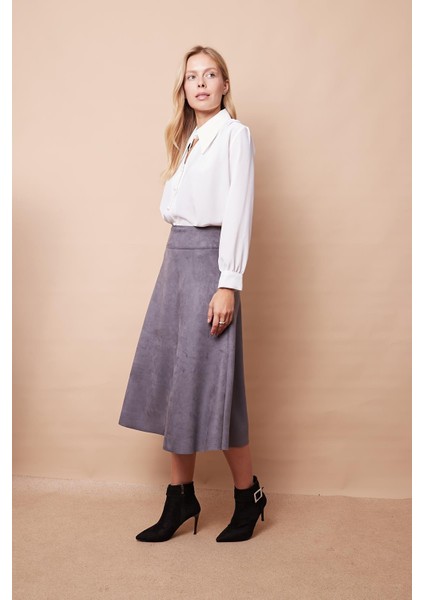 Hafif Likralı Süet Kumaş Yüksek Bel Kiloş Uzun Etek-Gri modelleri