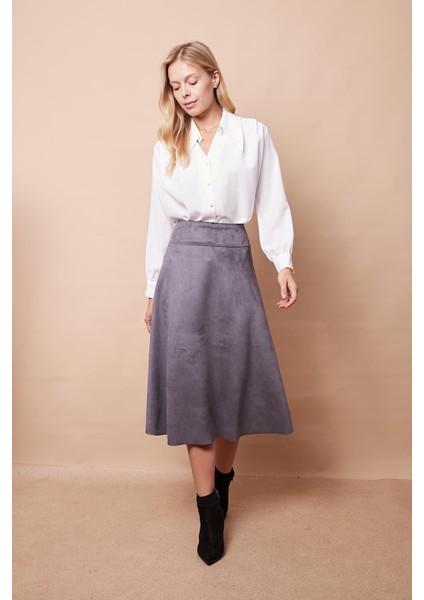 Hafif Likralı Süet Kumaş Yüksek Bel Kiloş Uzun Etek-Gri fırsatları