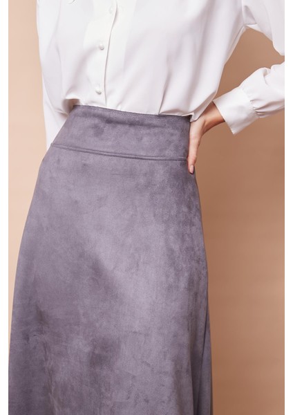 Hafif Likralı Süet Kumaş Yüksek Bel Kiloş Uzun Etek-Gri indirimleri