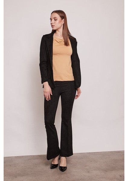 Süet Likralı Kumaş Yüksek Bel Ön Arka Dikişli Isanyol Paça Tayt Pantolon-Siyah modelleri