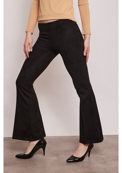 Süet Likralı Kumaş Yüksek Bel Ön Arka Dikişli Isanyol Paça Tayt Pantolon-Siyah indirimleri