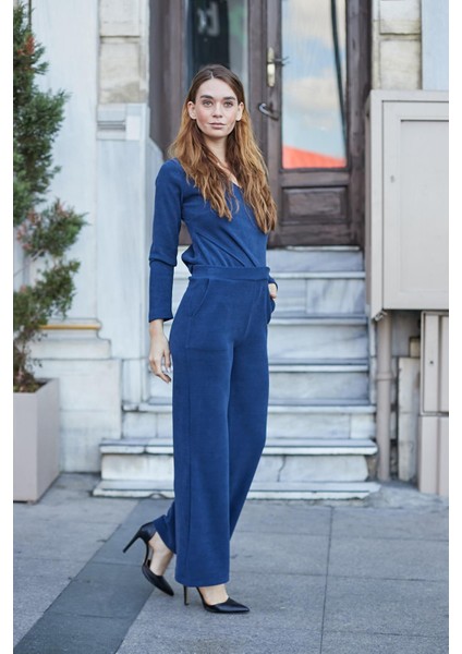 Kadın Likralı Yumuşak Dokulu Kadife Kumaş Yüksek Bel Yan Cepli Bol Paça Palazzo Pantolon-Indigo fiyatları