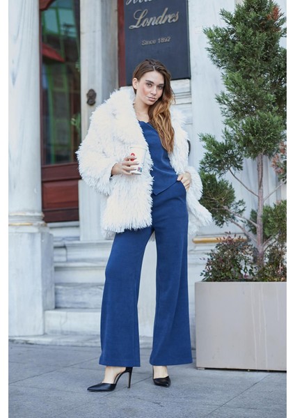 Kadın Likralı Yumuşak Dokulu Kadife Kumaş Yüksek Bel Yan Cepli Bol Paça Palazzo Pantolon-Indigo fırsatları