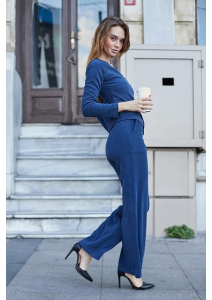 Kadın Likralı Yumuşak Dokulu Kadife Kumaş Yüksek Bel Yan Cepli Bol Paça Palazzo Pantolon-Indigo indirimleri