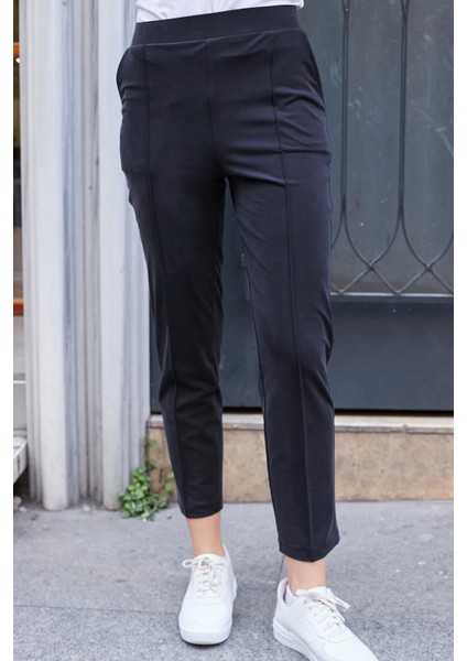 Kadın Modal Ipeksi Likralı Kumaş Yüksek Bel Önden Dikişli Cepli Dar Paça Pantolon-Siyah modelleri
