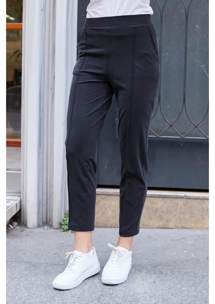 Kadın Modal Ipeksi Likralı Kumaş Yüksek Bel Önden Dikişli Cepli Dar Paça Pantolon-Siyah fırsatları
