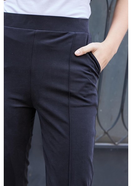 Kadın Modal Ipeksi Likralı Kumaş Yüksek Bel Önden Dikişli Cepli Dar Paça Pantolon-Siyah indirimleri