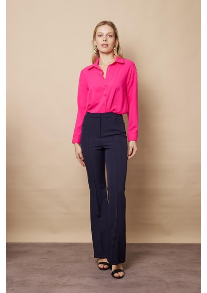 Kadın Yüksek Bel Cepli Ispanyol Paça Önü Dikişli Hafif Likralı Kumaş Pantolon(Ceket Kodu Jument 30080)-LACIVERT