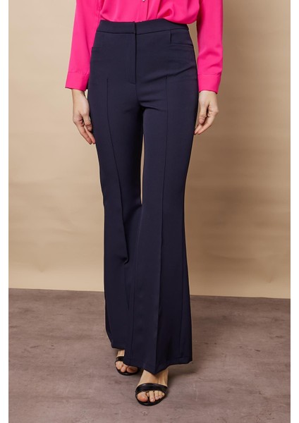 Kadın Yüksek Bel Cepli Ispanyol Paça Önü Dikişli Hafif Likralı Kumaş Pantolon(Ceket Kodu Jument 30080)-LACIVERT modelleri