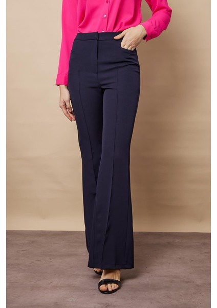 Kadın Yüksek Bel Cepli Ispanyol Paça Önü Dikişli Hafif Likralı Kumaş Pantolon(Ceket Kodu Jument 30080)-LACIVERT fırsatları