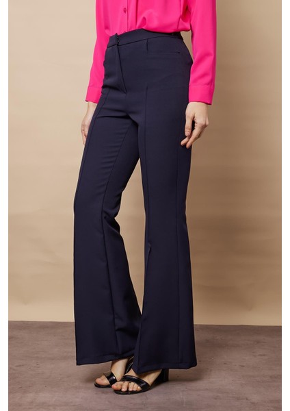 Kadın Yüksek Bel Cepli Ispanyol Paça Önü Dikişli Hafif Likralı Kumaş Pantolon(Ceket Kodu Jument 30080)-LACIVERT indirimleri