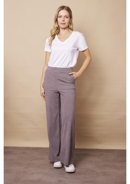 Kadın Kadife Likralı Esnek Yumuşak Dokulu Yüksek Bel Yan Cepli Bol Paça Palazzo Pantolon-Gri