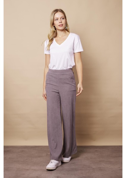 Kadın Kadife Likralı Esnek Yumuşak Dokulu Yüksek Bel Yan Cepli Bol Paça Palazzo Pantolon-Gri fiyatları