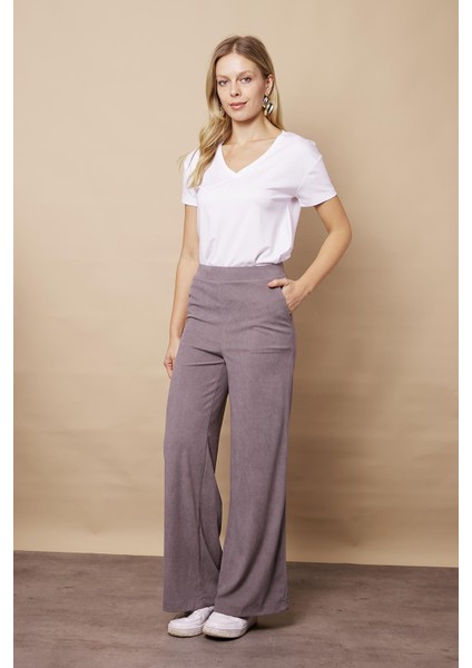 Kadın Kadife Likralı Esnek Yumuşak Dokulu Yüksek Bel Yan Cepli Bol Paça Palazzo Pantolon-Gri modelleri