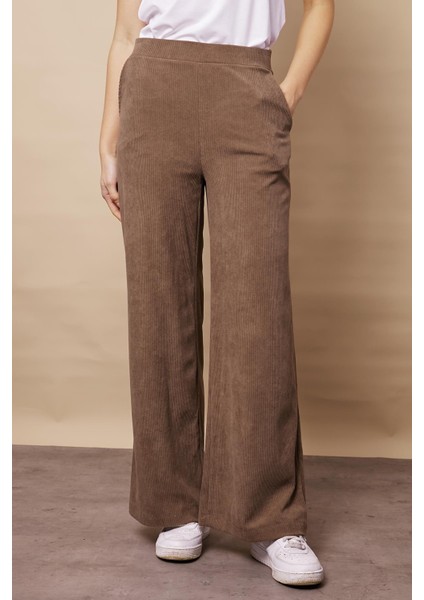 Kadın Kadife Likralı Esnek Yumuşak Dokulu Yüksek Bel Yan Cepli Bol Paça Palazzo Pantolon-Vizon fırsatları