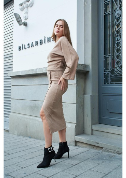 Yumuşak Dokulu Esnek Triko Yüksek Bel Yırtmaçlı Diz Altı Etek(Bluz Ayrı Kod Jument 20509)-CAMEL