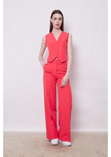 Yüksek Bel Yan Cepli Bol Paça Esnek Dokuma Kumaş Palazzo Pantolon(Yelek Ayrıdır Jument 65012)-MERCAN fiyatları