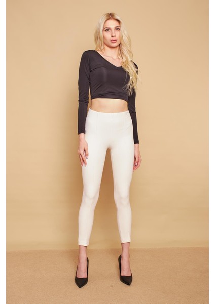 Power Strech Likralı Dar Kesim Yüksek Bel Beli Lastikli Bilek Boy Kumaş Pantolon -Krem
