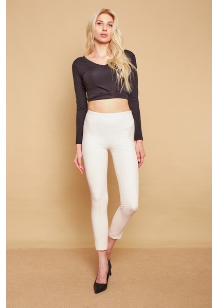 Power Strech Likralı Dar Kesim Yüksek Bel Beli Lastikli Bilek Boy Kumaş Pantolon -Krem fiyatları