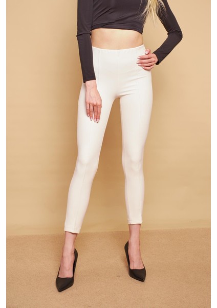 Power Strech Likralı Dar Kesim Yüksek Bel Beli Lastikli Bilek Boy Kumaş Pantolon -Krem modelleri
