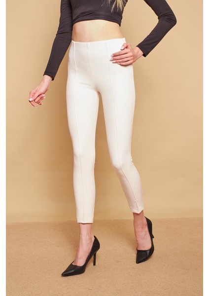 Power Strech Likralı Dar Kesim Yüksek Bel Beli Lastikli Bilek Boy Kumaş Pantolon -Krem fırsatları