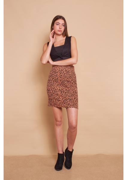 Kışlık Likralı Yünlü Kumaş Yüksek Bel Diz Üstü Kalem Etek-Leopar fiyatları