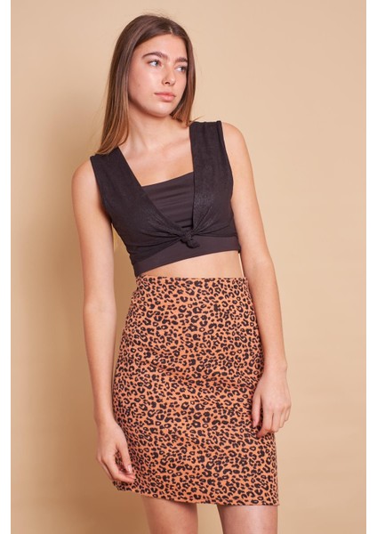 Kışlık Likralı Yünlü Kumaş Yüksek Bel Diz Üstü Kalem Etek-Leopar fırsatları