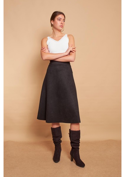 Hafif Likralı Süet Kumaş Yüksek Bel Kiloş Uzun Etek-Siyah