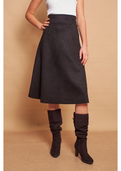 Hafif Likralı Süet Kumaş Yüksek Bel Kiloş Uzun Etek-Siyah fiyatları