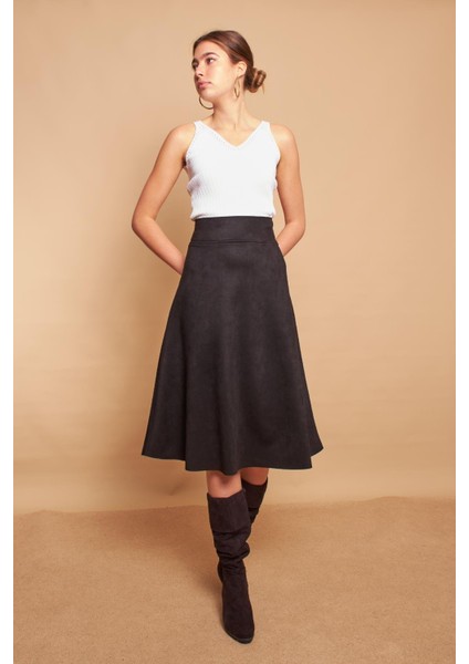 Hafif Likralı Süet Kumaş Yüksek Bel Kiloş Uzun Etek-Siyah modelleri