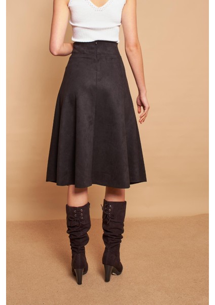 Hafif Likralı Süet Kumaş Yüksek Bel Kiloş Uzun Etek-Siyah indirimleri