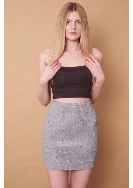 Kadın Likralı Simli Kumaş Yüksek Bel Hafif Mini Kalem Etek-Gümüş