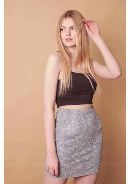 Kadın Likralı Simli Kumaş Yüksek Bel Hafif Mini Kalem Etek-Gümüş fiyatları