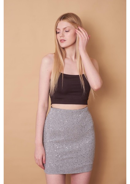 Kadın Likralı Simli Kumaş Yüksek Bel Hafif Mini Kalem Etek-Gümüş modelleri