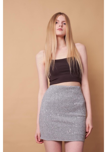 Kadın Likralı Simli Kumaş Yüksek Bel Hafif Mini Kalem Etek-Gümüş fırsatları