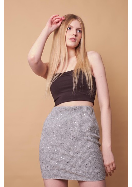 Kadın Likralı Simli Kumaş Yüksek Bel Hafif Mini Kalem Etek-Gümüş indirimleri