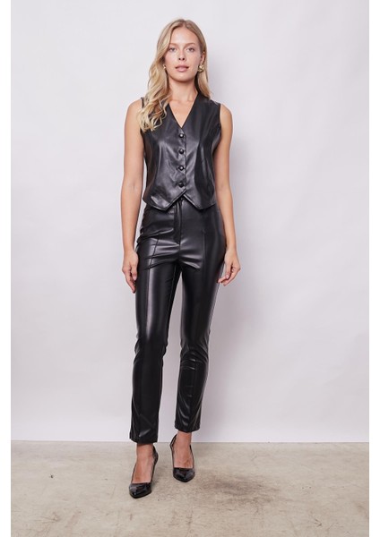 Kadın Violet Hafif Likralı Deri Yüksek Bel Alman Cepli Bilek Boy Pantolon-Siyah