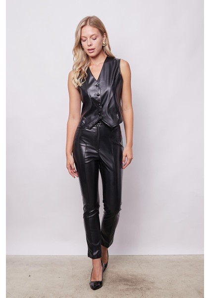 Kadın Violet Hafif Likralı Deri Yüksek Bel Alman Cepli Bilek Boy Pantolon-Siyah fiyatları