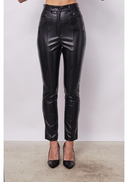 Kadın Violet Hafif Likralı Deri Yüksek Bel Alman Cepli Bilek Boy Pantolon-Siyah modelleri