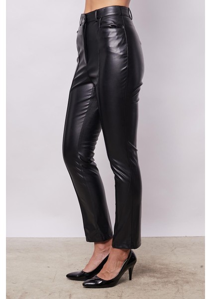 Kadın Violet Hafif Likralı Deri Yüksek Bel Alman Cepli Bilek Boy Pantolon-Siyah indirimleri