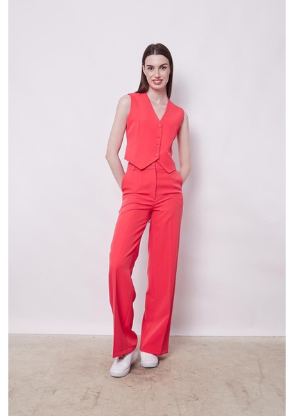 Yüksek Bel Yan Cepli Bol Paça Esnek Dokuma Kumaş Palazzo Pantolon(Yelek Ayrıdır Jument 65012)-MERCAN