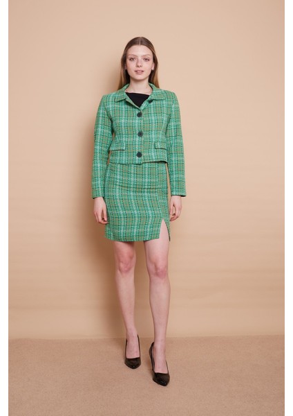 Tüvit Yırtmaç Detaylı Diz Üstü Astarlı Kalem Etek-Yeşil Ekose