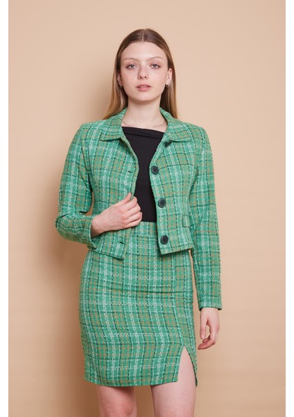 Tüvit Yırtmaç Detaylı Diz Üstü Astarlı Kalem Etek-Yeşil Ekose