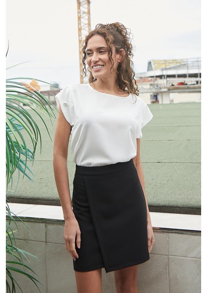 Kadın Hafif Likralı Kumaş Yüksek Bel Anvelop Kruvaze Hafif Mini Kalem Etek-Siyah