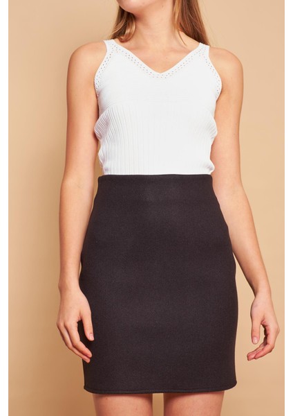 Kadın Hafif Likralı Kışlık Kaşe Yüksek Bel Diz Üstü Hafif Mini Kalem Etek(Boy 47CM)-SIYAH indirimleri