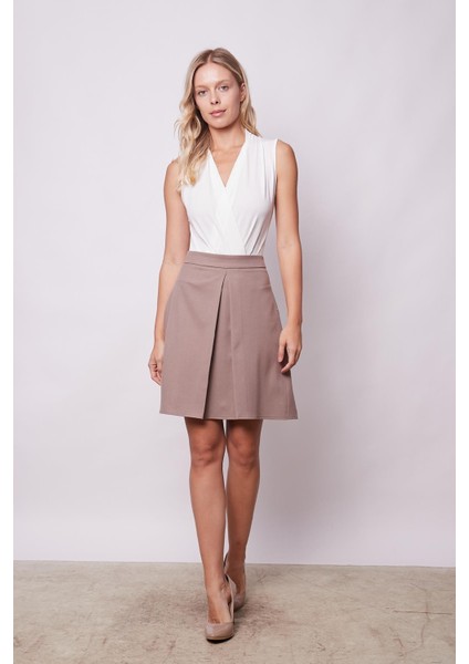 Kadın Yüksek Bel Hafif Likralı Kumaş Pilikaşeli Diz Boy Çan Etek-Vizon