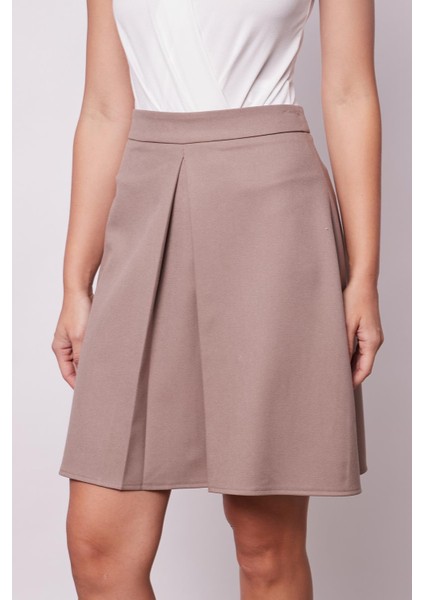 Kadın Yüksek Bel Hafif Likralı Kumaş Pilikaşeli Diz Boy Çan Etek-Vizon modelleri